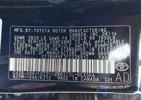 2015 Toyota Corolla L/Le/Le Pls/Prm/S/S Pls из США, поврежденный, VIN 2T1BURHE3FC236917